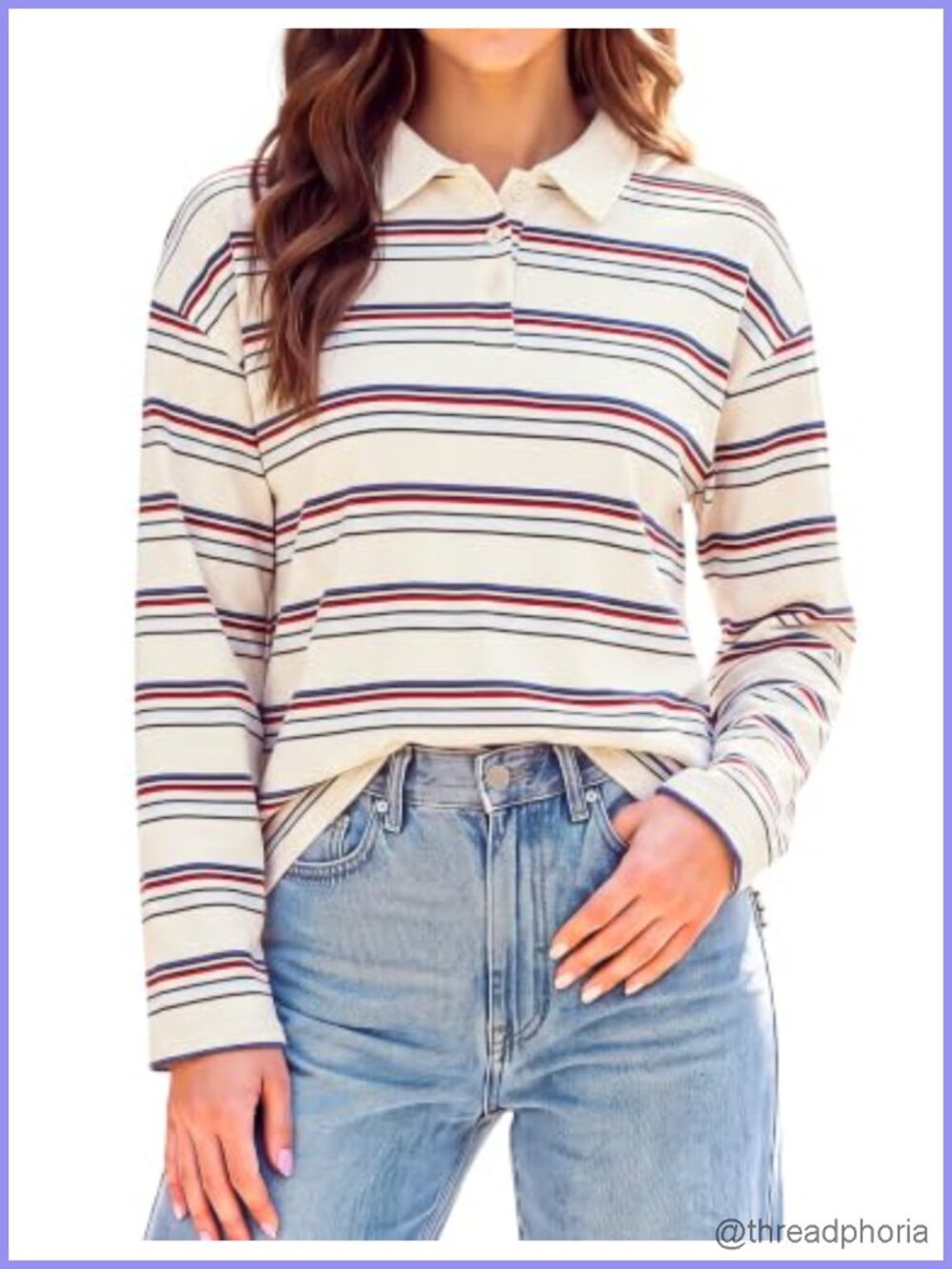 Women's Retro Striped Long Sleeve Rugby Polo Shirt Y2K Oversized